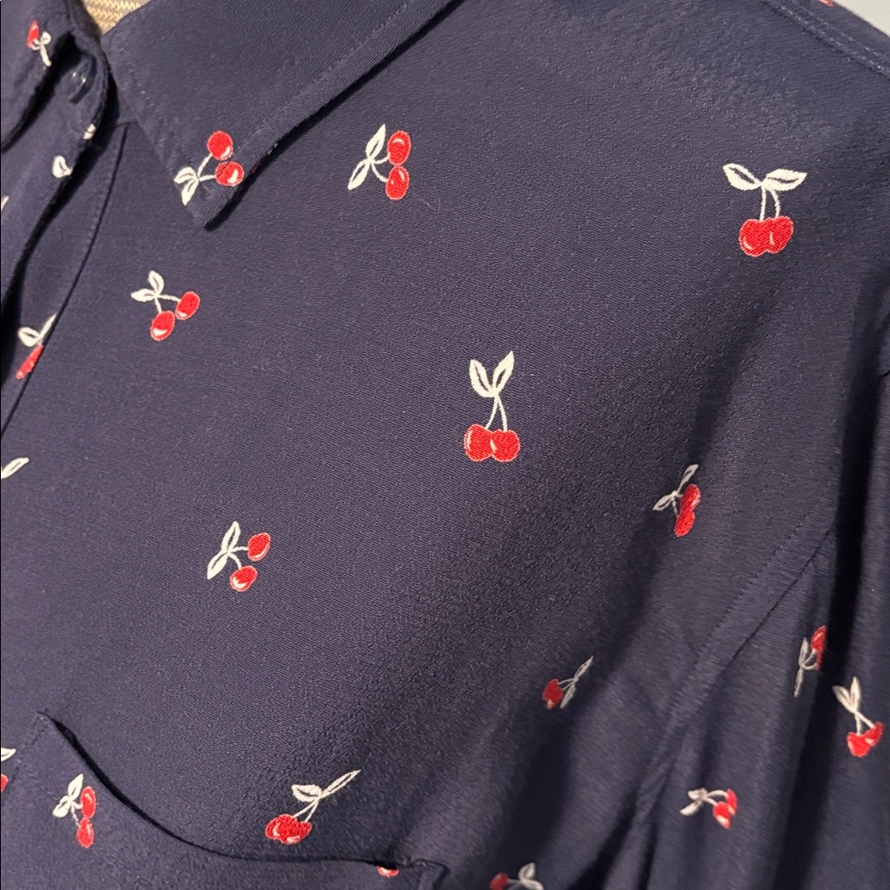 Rails Navy Cherry Design Button-Up Long Sleeve Lightweight Blouse - Picture 5 of 11